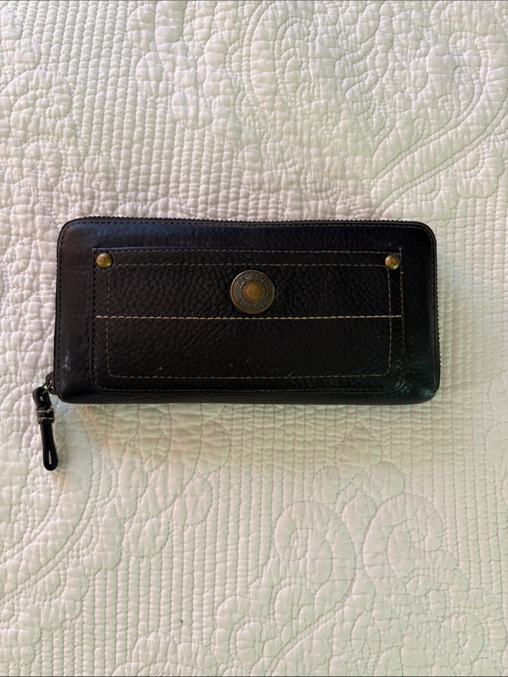 Black Leather Zip Wallet with Front Snap Accent COACH